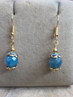 Gold And Enamel Blue Apatite Gemstone Faceted Bead Drop Earrings